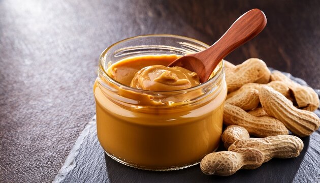 creamy peanut butter in glass jar with spoon