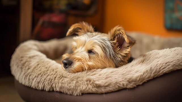 Small mixed breed dog resting in cozy pet bed at home, warm indoor portrait with soft evening light