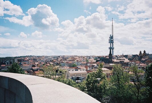 Panoramic view of Prague with Zizkov Television Tower, analog photography
