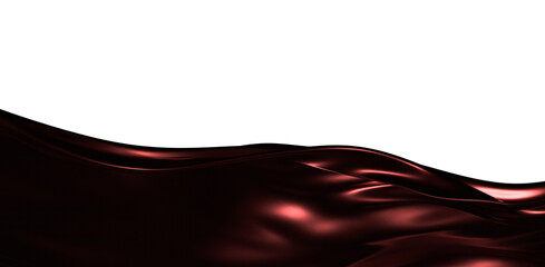 Abstract satin wave in dark red color, flowing across the frame, isolated on white. Texture,...