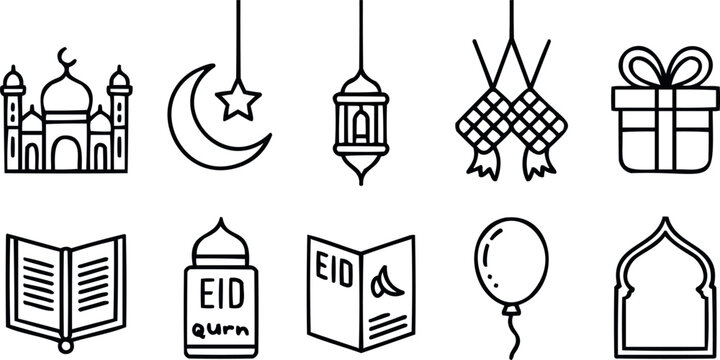 Ramadan kareem doodle line icons set. eid mubarak line icon set. holiday islam line icon