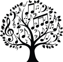 Stylized tree with musical notes and symbols forming its leaves and branches against a transparent background