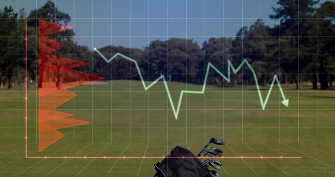 Golf bag with clubs sitting on fairway, showing 3D grid, red bars and green line arrow