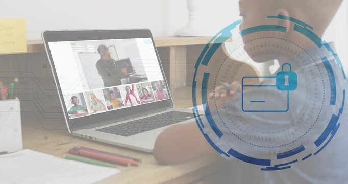 Boy opening laptop and joining online class while security graphic with lock icon overlaying screen