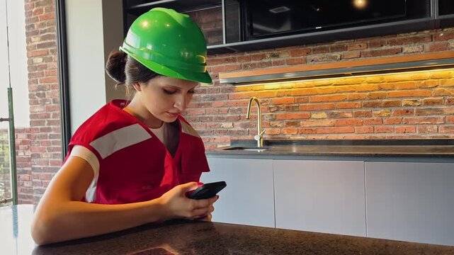 Female construction supervisor wearing helmet and safety vest using smartphone to review construction documents while seated inside unfinished building