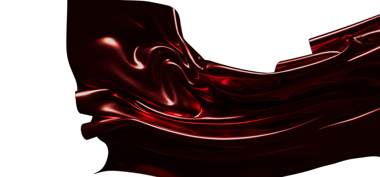 Abstract image of smooth, flowing red fabric with reflections against a clean white backdrop, perfect for artistic conce