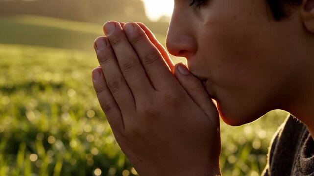 A young person praying in a serene field bathed in warm morning light, conveying a sense of peace and spirituality.
