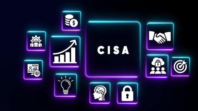 CISA acronym in glowing neon square surrounded by business and finance icons on dark background CISA