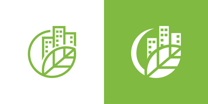 Ecofriendly city logo design with buildings and leaf elements.