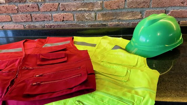 Panning shot of yellow and red safety vests and green helmet resting on stone table at construction site