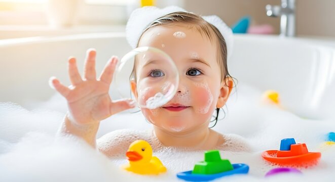 Happy Child Playing with Toys in Soapy Bathtub.