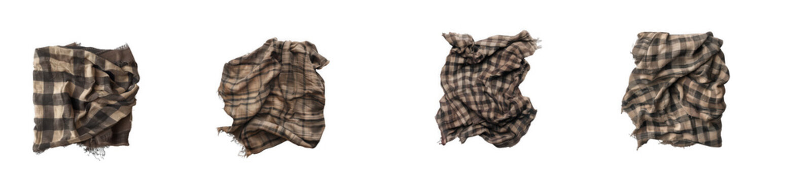 Four crumpled plaid blankets in earthy tones, isolated on white isolated on transparent background