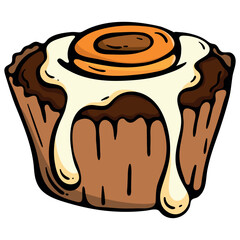 Easter cupcake with white icing and apricot egg yolk decoration for vegan bakery branding, hand drawn doodle icon of plant based holiday muffin, vector art