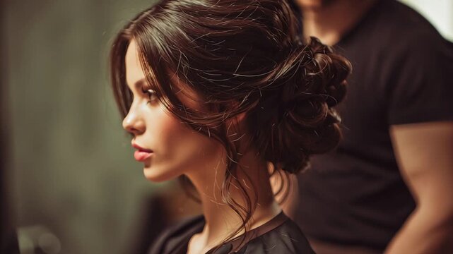 Hairstylist creating elegant updo for young woman in salon, professional hair styling and beauty concept