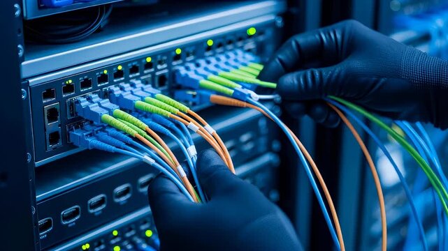 Hands of a woman technician with black gloves connecting fiber optic cables to a server rack in a data center for network installation.