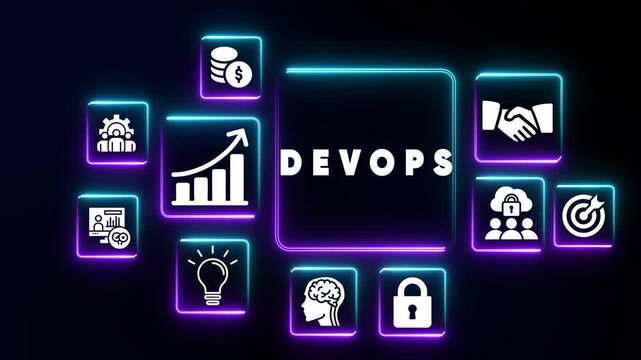 Dev Ops concept with icons for collaboration growth security and innovation on a dark background DevOps