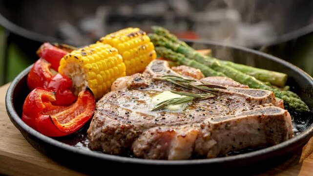 Grilled t-bone beef steak sizzling on a cast iron skillet with fresh vegetables. A delicious restaurant meal featuring corn, asparagus, and pepper for a summer barbecue