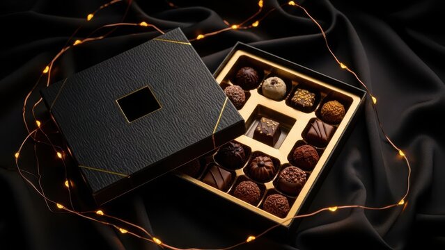 Luxury box of assorted chocolates wrapped in fairy lights