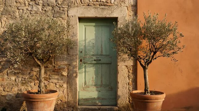 Rustic Green Door Framed by Olive Trees in Terra Cotta Pots Against Stone and Orange Walls with Natural Light