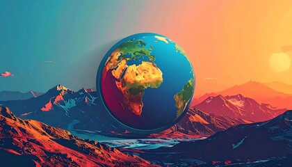 A vibrant artistic depiction of the Earth floating above a mountain range, bathed in sunset hues, with a stylized aesthetic