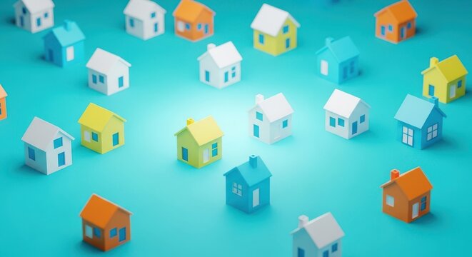 Many colorful miniature house models scattered on a vibrant blue background
