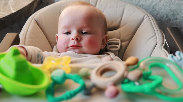 Infant Interacts With Vibrant Tray Accessories. Young Child Focuses On Lively Tray Playthings. Baby Studies Bright Tray Toys While Seated In Highchair Peacefully