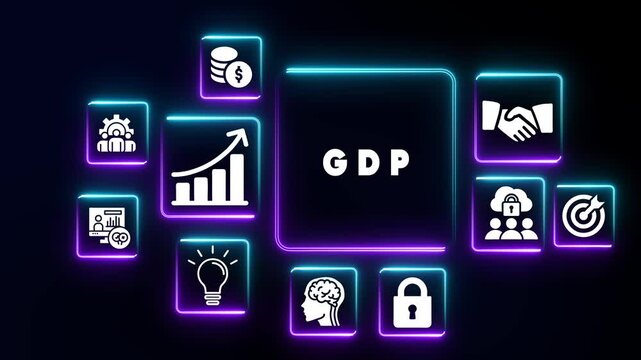GDP Gross Domestic Product concept with glowing neon icons and dark background Keywords: GDP, Gross Domestic Product, economy, finance, business, growth, money, investment, wealth, national