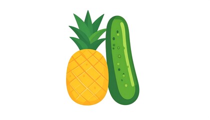 Illustration of a yellow pineapple with green leaves and a green cucumber leaning against it on a white background
