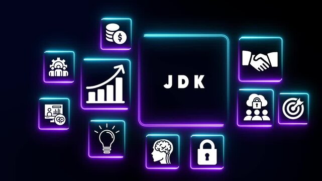 JDK Java Development Kit concept with glowing neon icons on dark background programming software development