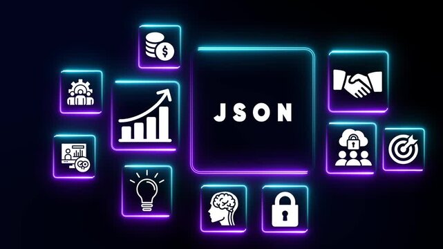 JSON Java Script Object Notation concept with glowing neon icons on dark background JSON JavaScript Object Notation