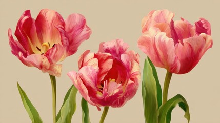 Three stunning tulips with delicate petals in vibrant shades of pink and red stand gracefully. Their lush green leaves complement the floral arrangement beautifully, enhancing the overall aesthetic.