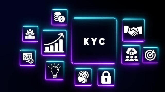 KYC know your customer concept with glowing neon icons on dark background illustrating identity verification and security Keywords: KYC, know, your, customer, identity, verification, security