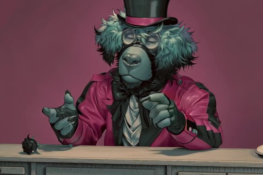 Un elegante primate azul con gafas y un sombrero de copa examina una muestra con pinzas.