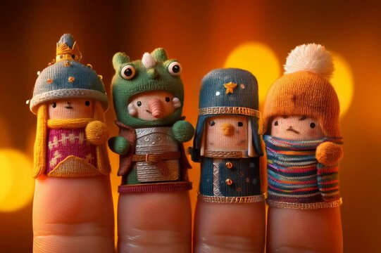 Cuatro personajes adorables vestidos con disfraces, representados con los dedos.