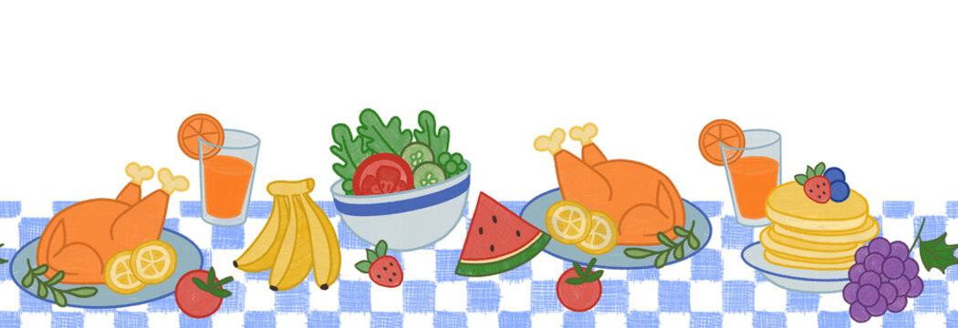 Crayons drawing for children. Cute seamless border of feastive food. Pie, salad, turkey.