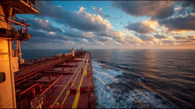 Oil tanker deck at sunset sailing on open sea with dramatic clouds, industrial ship transport route, maritime cargo vessel perspective, global shipping industry concept