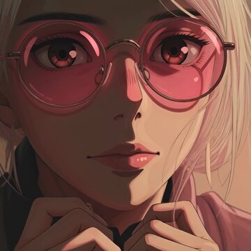 Retrato de una joven con gafas de sol rosadas, capturando una expresi&oacute;n de misterio y confianza.