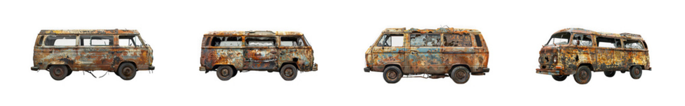 Four rusty, wrecked vintage vans isolated on white background, symbolizing decay and abandonment. isolated on transparent background