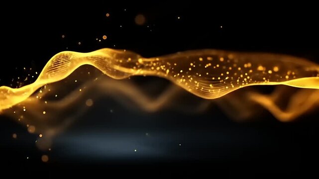 Golden Wave of Digital Particles Flowing on Dark Background: Elegant and Ethereal Visual Composition