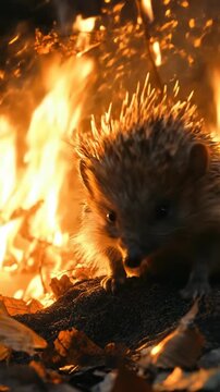 Hedgehog, wild animal, carefully navigating a devastating forest fire, intense flames engulfing woodland, a symbol of wildlife survival, ecological crisis, urgent climate change, habitat destruction