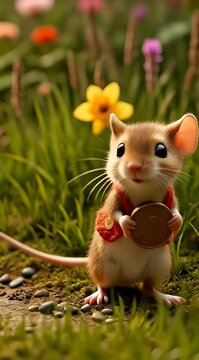 Un rat&oacute;n animado corre feliz con una moneda de oro.