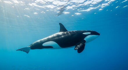 Fototapeta premium Orcinus orca swimming underwater in ocean.