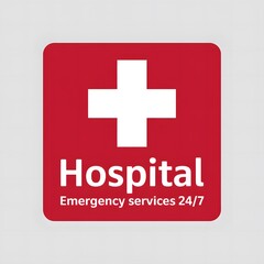 Obraz premium Hospital emergency services 24/7 sign with a white cross on a red square background, indicating medical care and urgent assistance.
