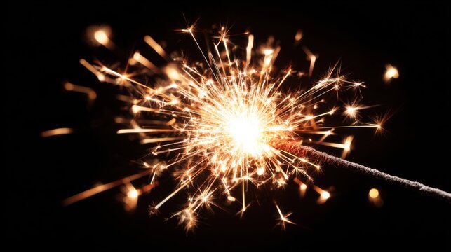 A sparkler ignites with dazzling sparks, illuminating a dark garden during a nighttime celebration. The atmosphere is filled with joy and festivity as people gather to enjoy the moment.