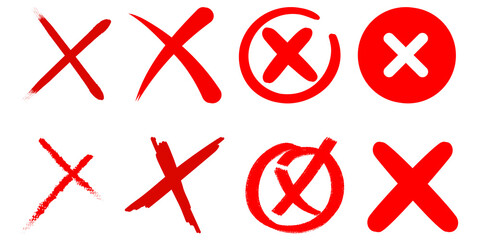 Collection of red cross marks and no entry symbols with circle isolated on transparent background