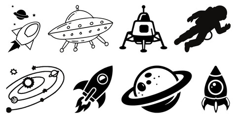 A collection of various space-themed objects including rockets, planets, and ufos, isolated on transparent background © razia