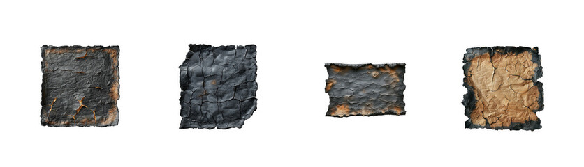 Fototapeta premium Burnt paper fragments with scorched edges, representing destruction, loss, or historical documents. isolated on transparent background