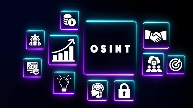 Open Source Intelligence OSINT concept with glowing neon icons on dark background OSINT data
