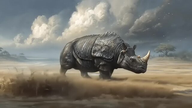 A majestic rhinoceros traverses the expansive savanna under a dramatic sky, evoking a sense of wilderness