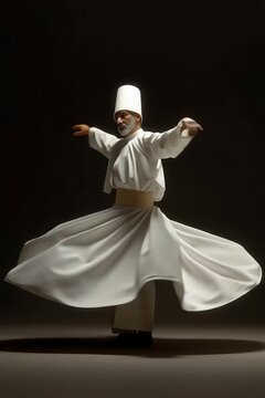 Sufi dervish performing whirling dance in white robe, spiritual Turkey culture and traditional Mevlevi ritual concept